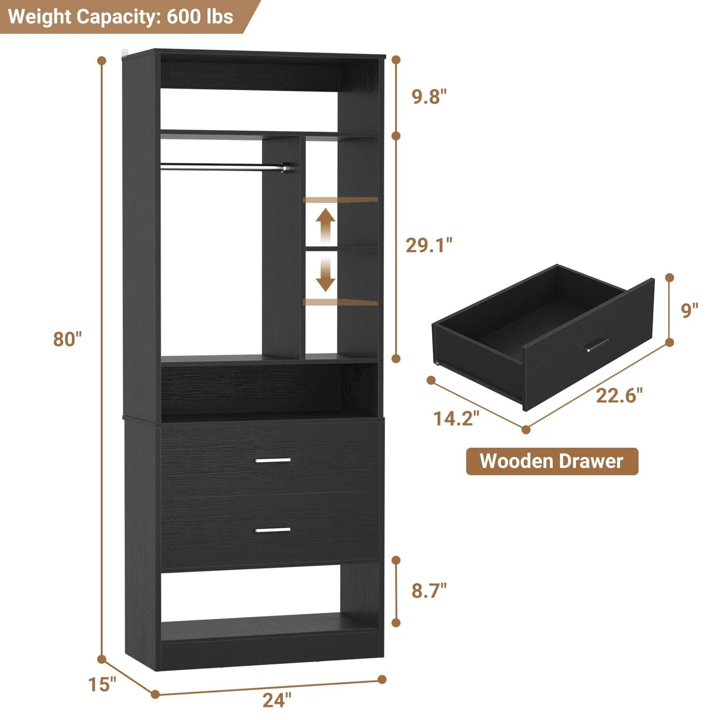 Freestanding 24" Closet System with 2 Wood Drawers, 2FT Small Closet Organizer System with 6 Shelves & Hanging Rod