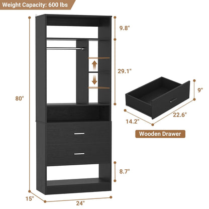 Freestanding 24" Closet System with 2 Wood Drawers, 2FT Small Closet Organizer System with 6 Shelves & Hanging Rod