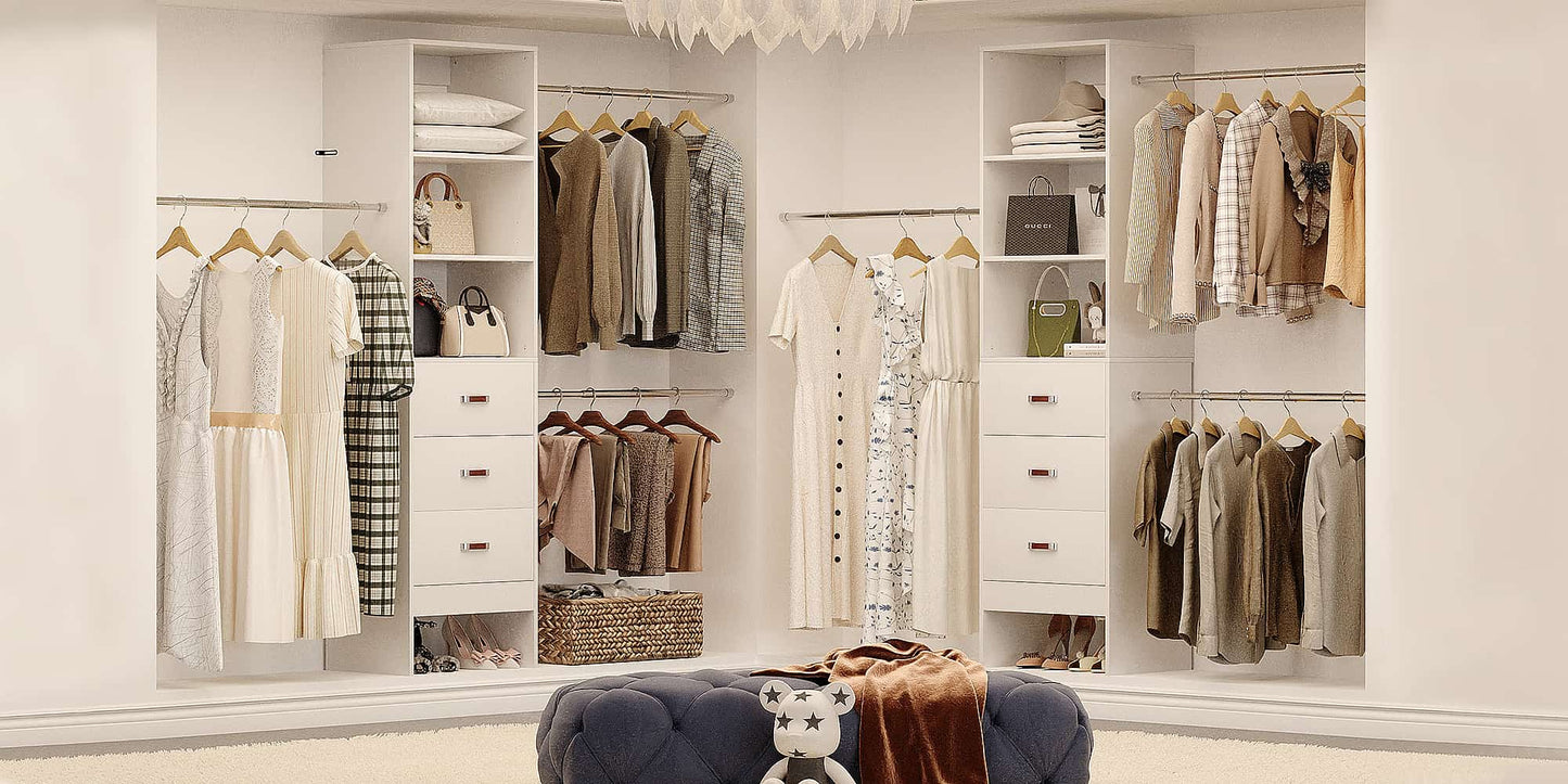 Adjustable 5-8FT Wall-Mounted Closet Organizer System with 3 Hanging Rods & 3 Wood Drawers