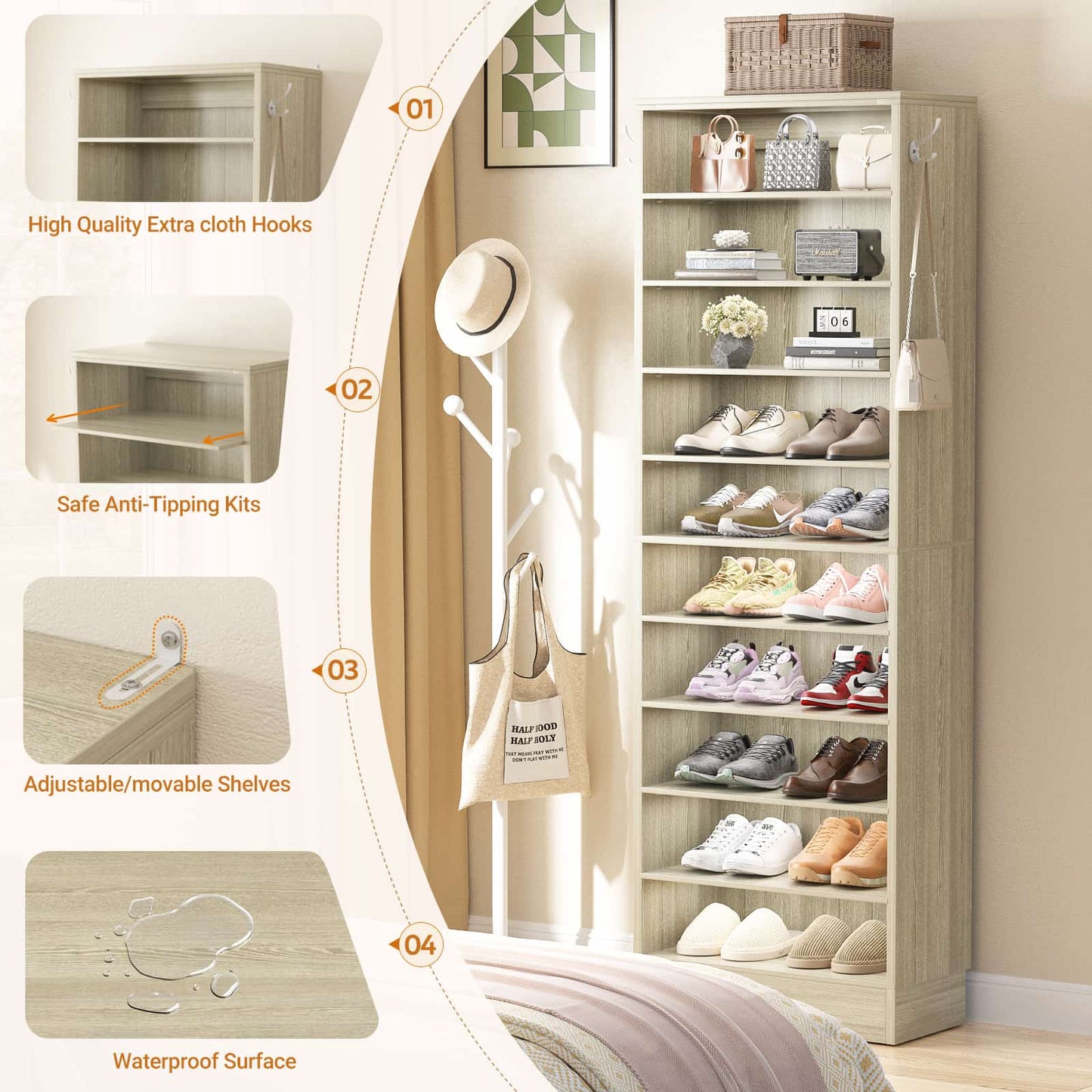 Tall Shoe Cabinet, 10 Tiers Narrow Wood Shoe Rack