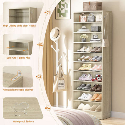 Tall Shoe Cabinet, 10 Tiers Narrow Wood Shoe Rack