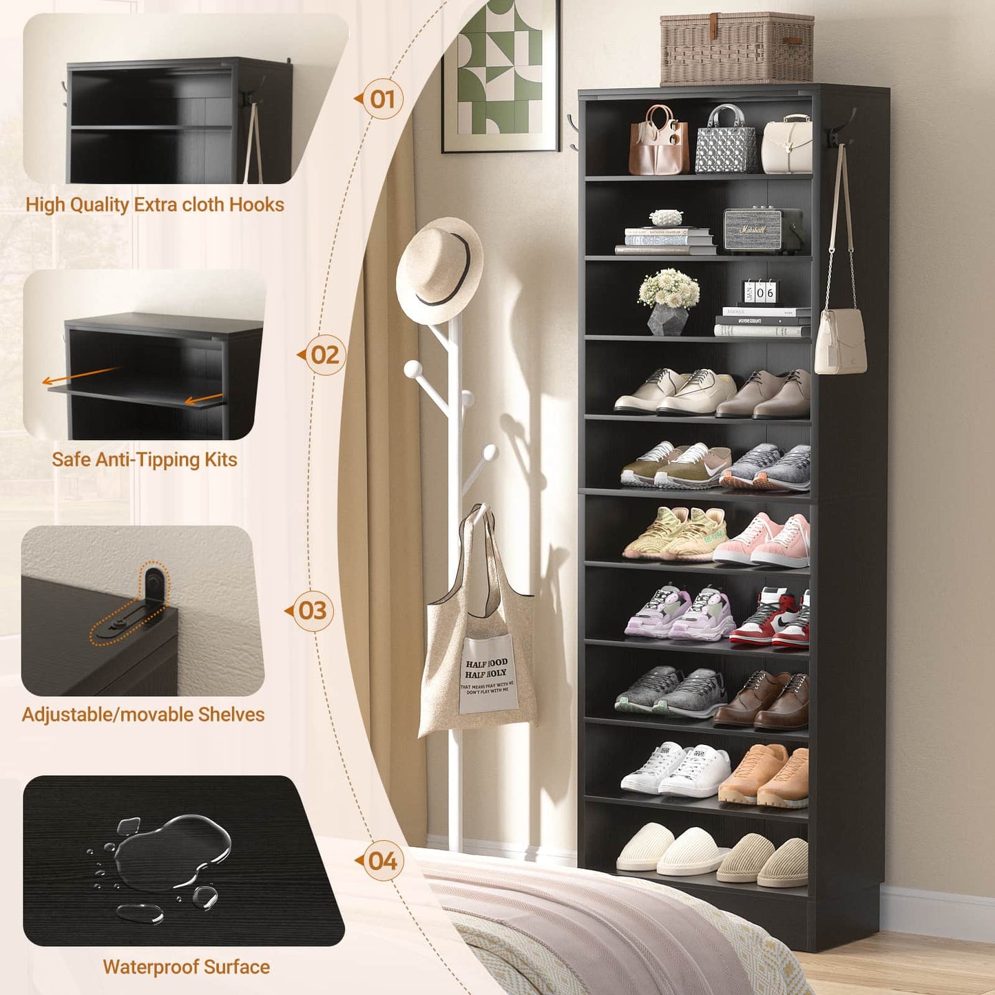 Tall Shoe Cabinet, 10 Tiers Narrow Wood Shoe Rack