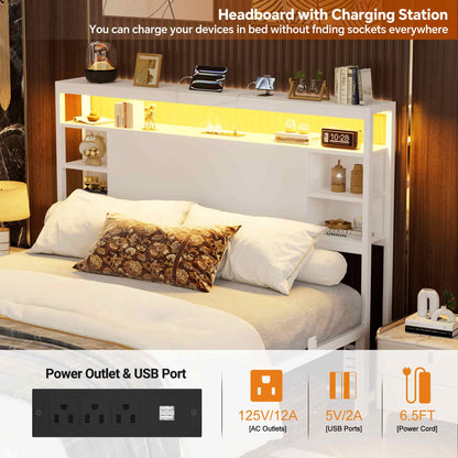 Full Headboard with Storage, Headboards with Power Outlets and Smart LED Light, Sturdy Head Board for Full Size Bed