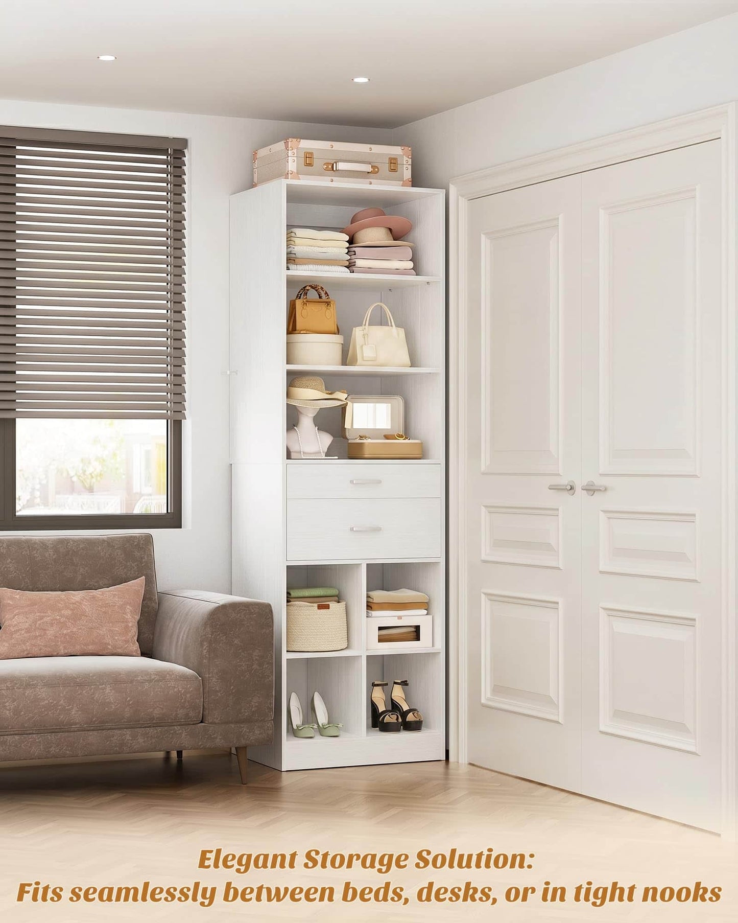 Tall Vertical Closet System, 18.9" Width Freestanding Wardrobe Storage Unit with Adjustable Shelves & Smooth-Glide Drawers