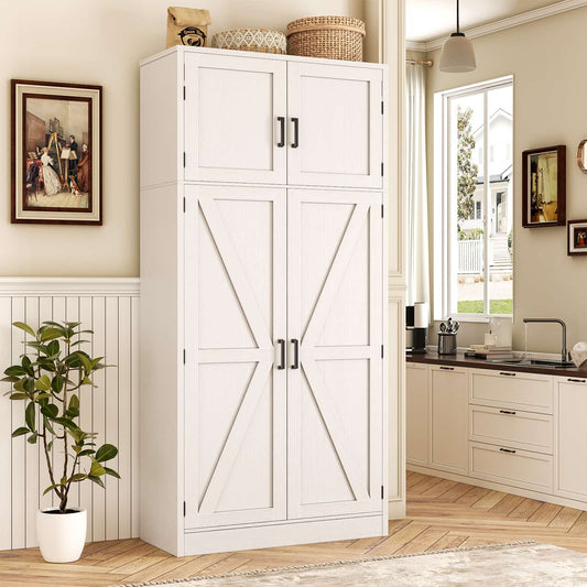 Farmhouse Kitchen Pantry Storage Cabinet with Adjustable Shelves and Barn Doors