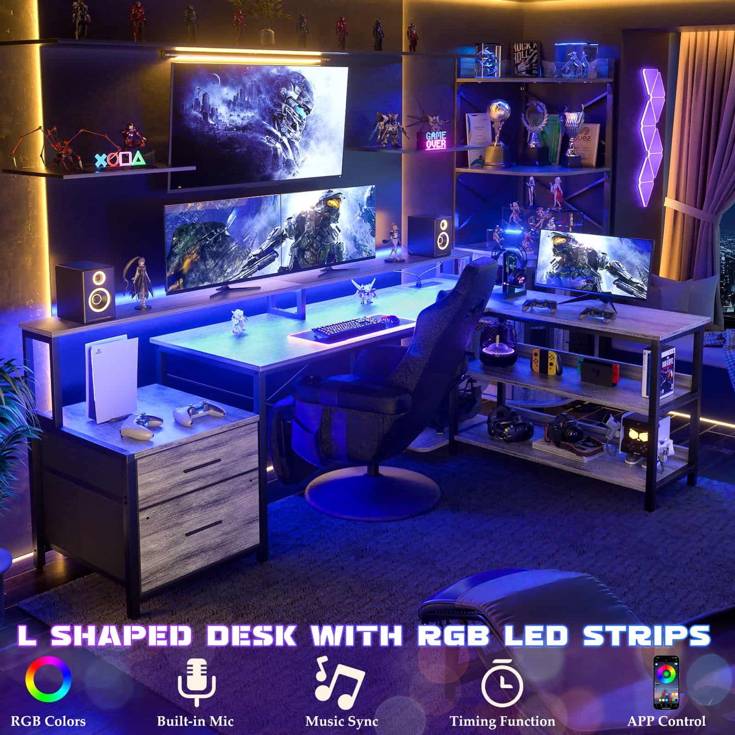 L Shaped Desk with File Drawer, 72.8" Reversible L Shaped Computer Desk with Power Outlet & LED Strip