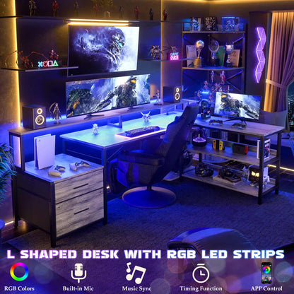 L Shaped Desk with File Drawer, 72.8" Reversible L Shaped Computer Desk with Power Outlet & LED Strip