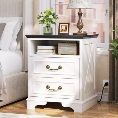 Nightstand with Charging Station -2 USB Ports, 3 AC Outlets, Farmhouse Rustic Wood End Table with 2 Drawers & Open Shelf