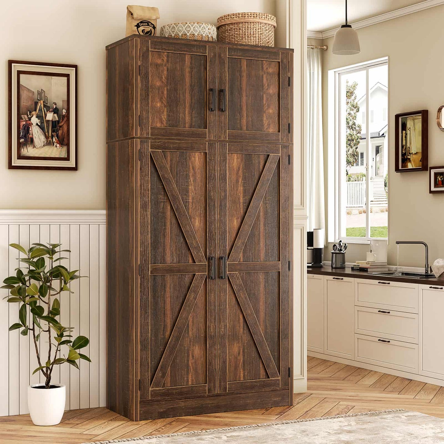 Farmhouse Kitchen Pantry Storage Cabinet with Adjustable Shelves and Barn Doors