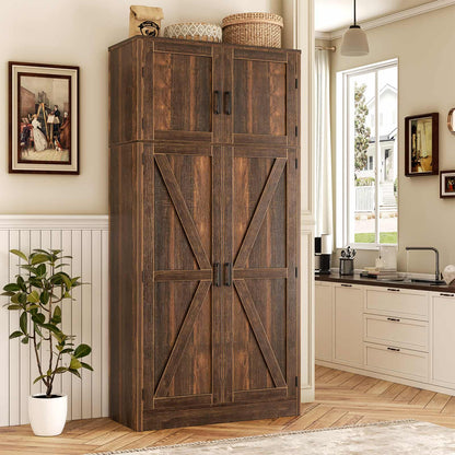 Farmhouse Kitchen Pantry Storage Cabinet with Adjustable Shelves and Barn Doors