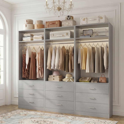 Freestanding Closet System Set - 3-Pack with 3 Wood Drawers Each,With Hanging Rod & Shelves, 24"L x 15"W x 80"H