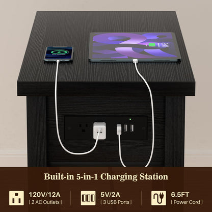 2-Pack Farmhouse End Tables with Charging Station - Skinny Nightstand Set With Drawer & Shelf for Small Spaces