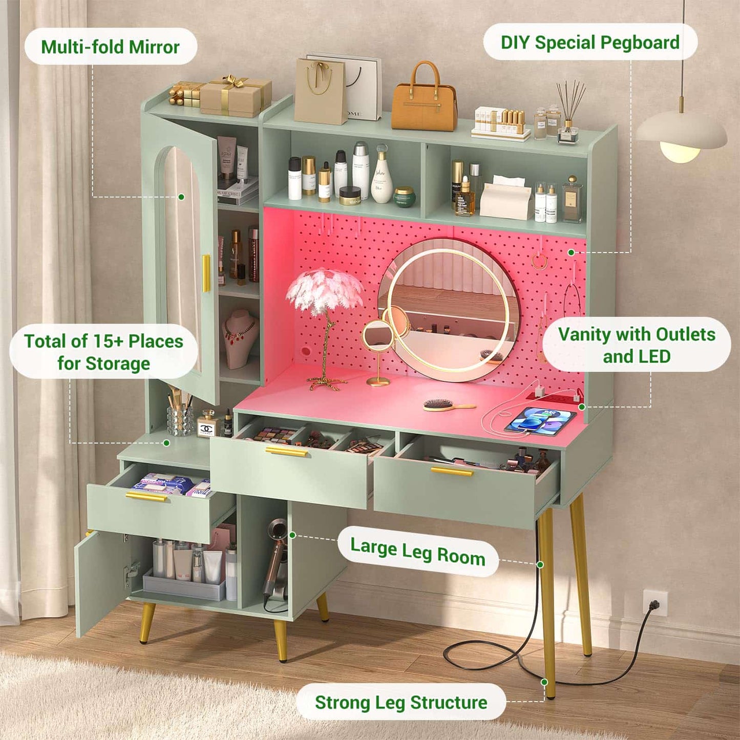 48" Makeup Vanity with Hutch, LED Lighted Mirror & Charging Station, 5 Large Drawers, Shelves, Pegboard & Cabinet