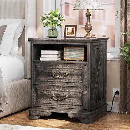Nightstand with Charging Station -2 USB Ports, 3 AC Outlets, Farmhouse Rustic Wood End Table with 2 Drawers & Open Shelf