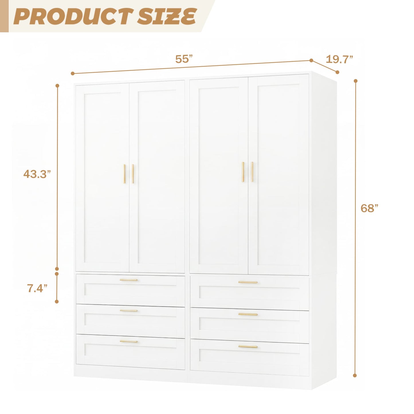 Double Armoire Wardrobe Closet Set - 71" Tall 2-in-1 Storage Cabinets with 6 Drawers, 2 Hanging Rods, 20" Extra Depth, Soft-Close Hinges & Metal Handles