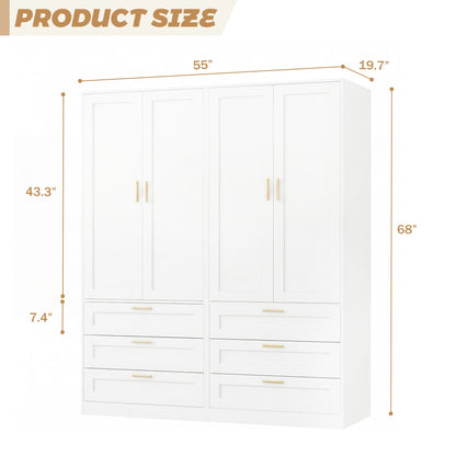 Double Armoire Wardrobe Closet Set - 71" Tall 2-in-1 Storage Cabinets with 6 Drawers, 2 Hanging Rods, 20" Extra Depth, Soft-Close Hinges & Metal Handles