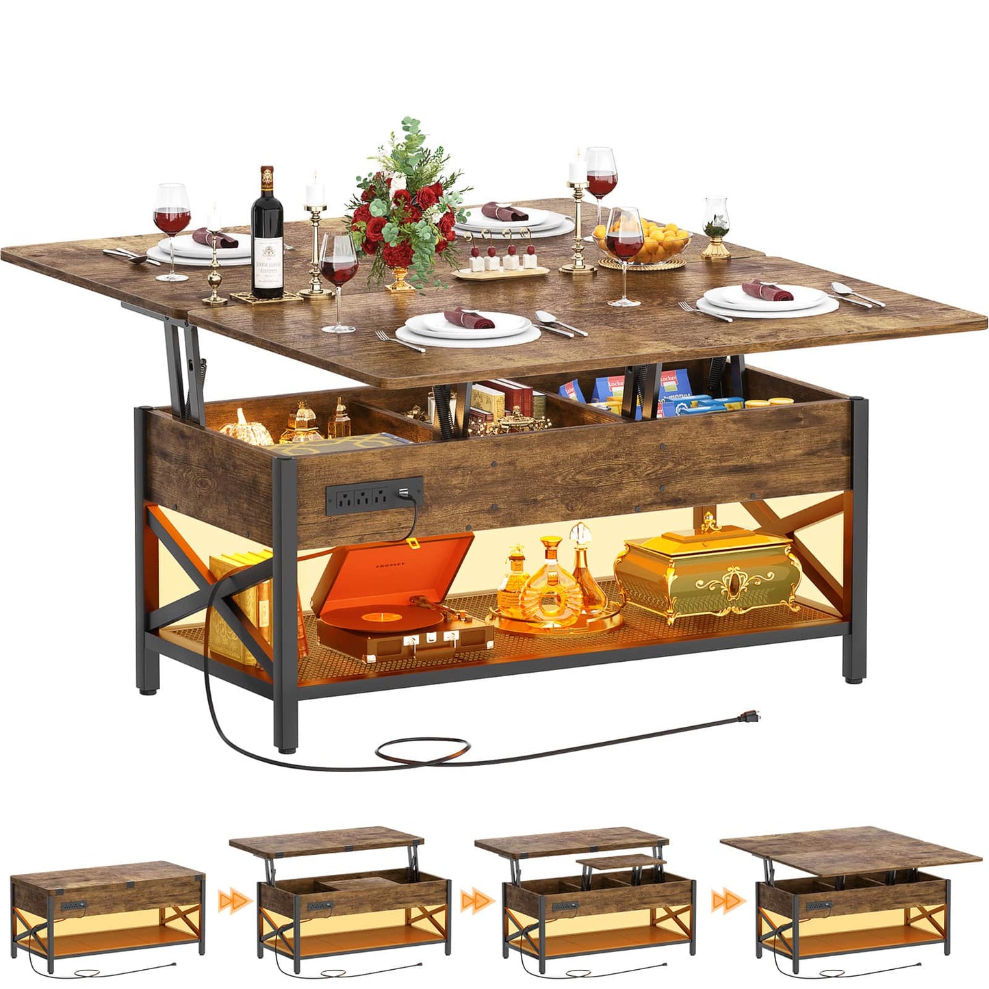 Coffee Table Lift Top with LED Light and Power Outlet, Multi-Function Coffee Table Converts to Dining Table