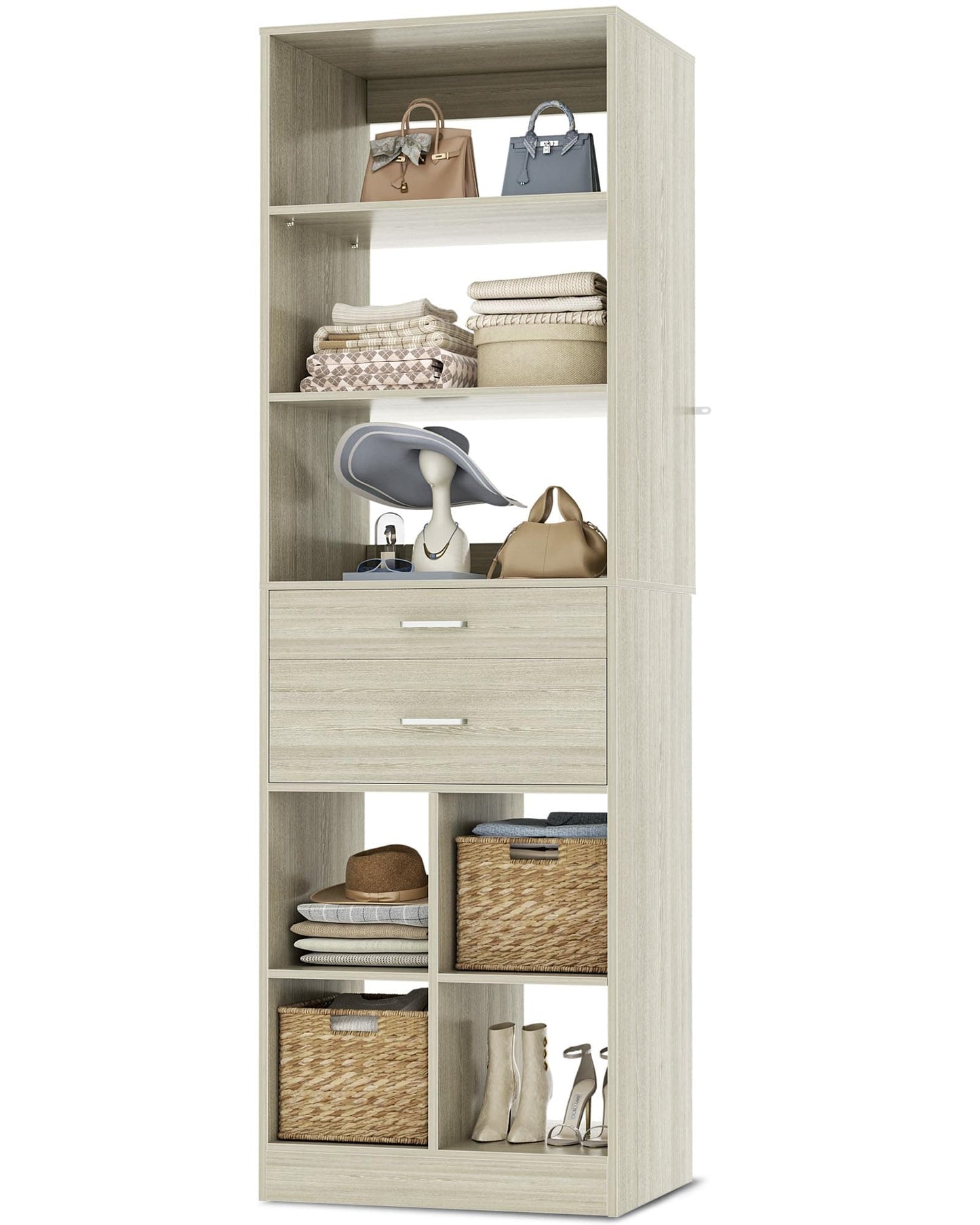 22" Floor-Standing Closet System, Multi-Tiered Wardrobe Storage Unit with Adjustable Shelves & Smooth-Glide Drawers