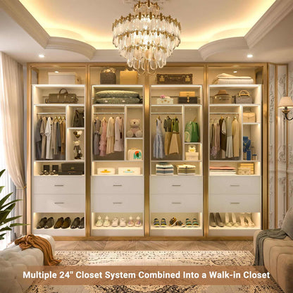 Freestanding 24" Closet System with 2 Wood Drawers, 2FT Small Closet Organizer System with 6 Shelves & Hanging Rod