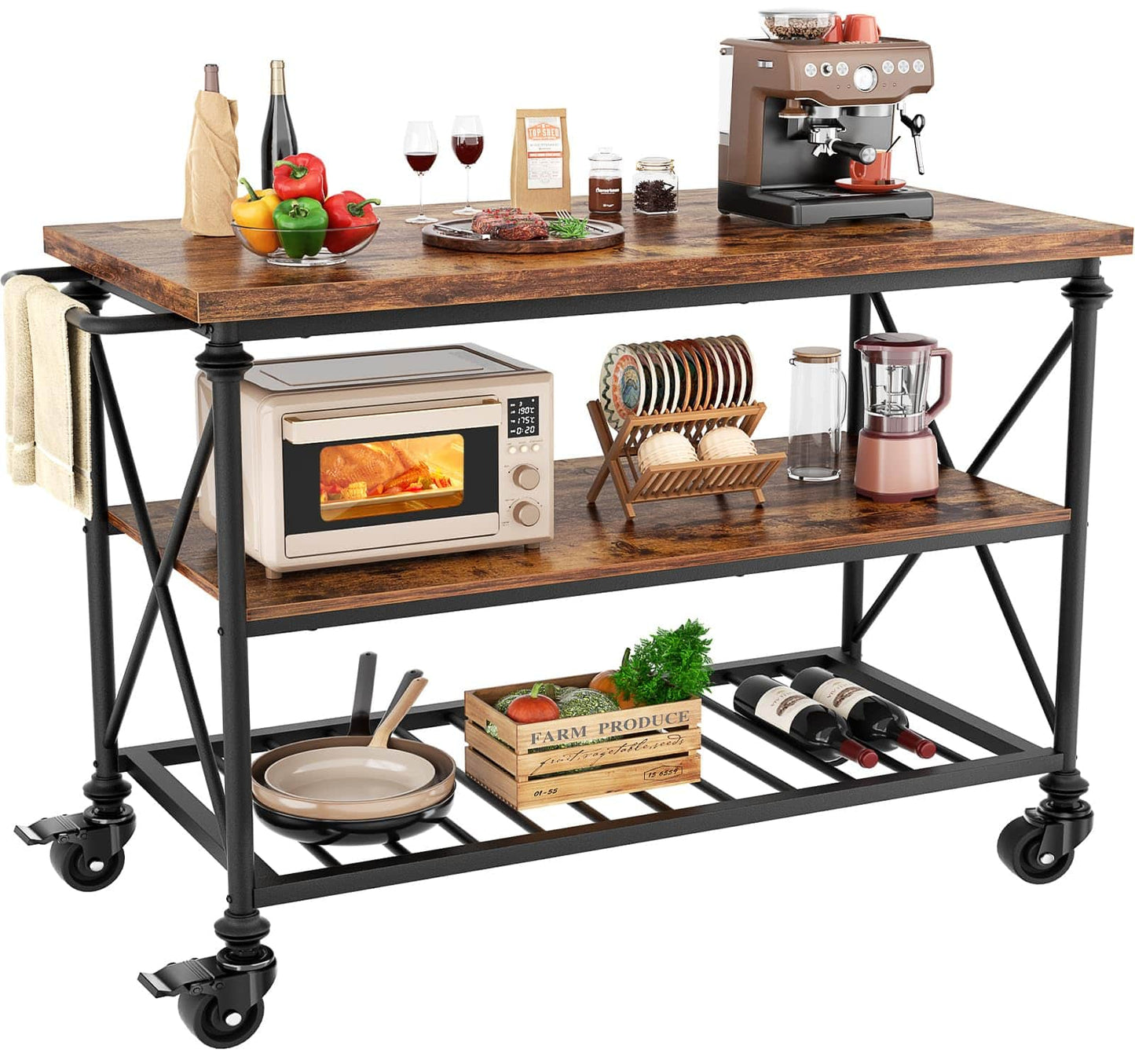 Industrial Mobile Kitchen Island Cart with Wheels: 3-Tier Storage, Lockable Casters for Kitchen, Dining & Small Spaces