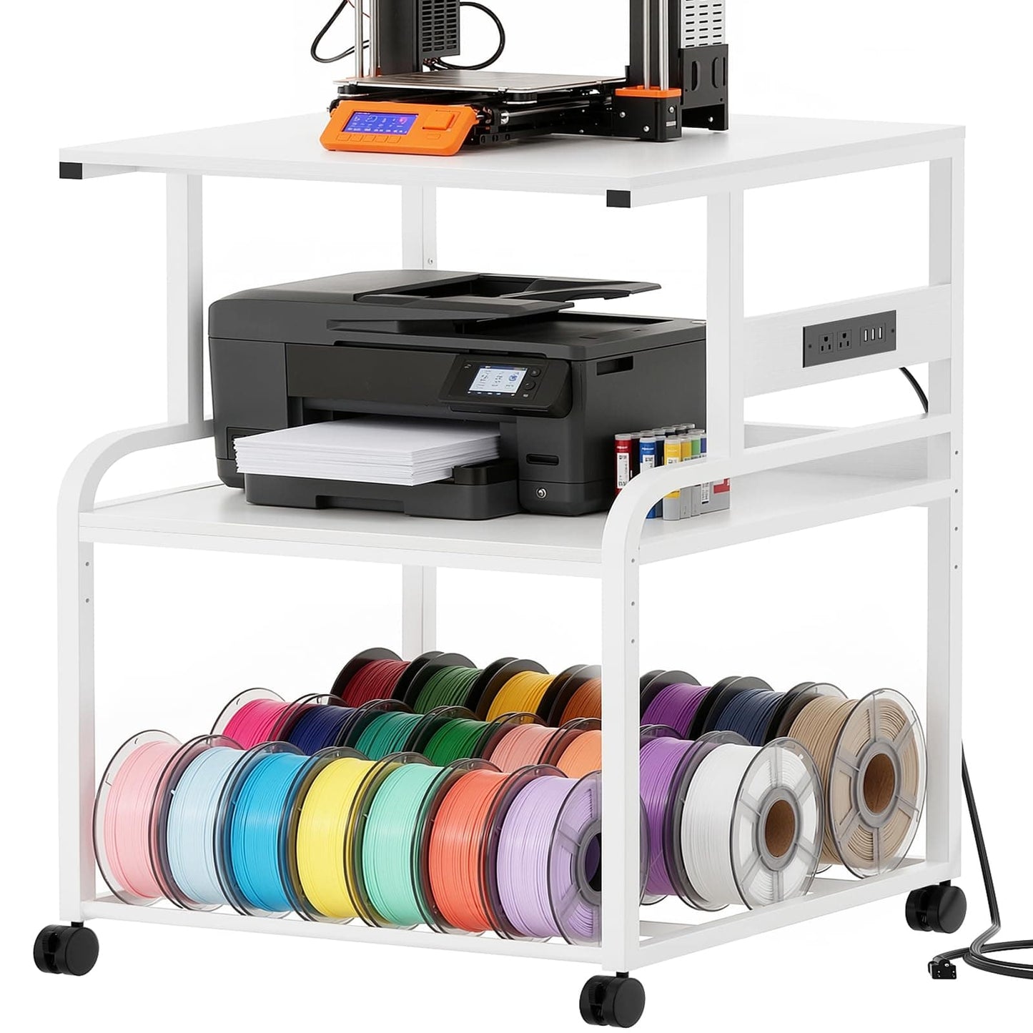 Heavy-Duty 3D Printer Rolling Cart with Power Outlet & Filament Storage, 3-Tier Adjustable Printer Stand for Home Office
