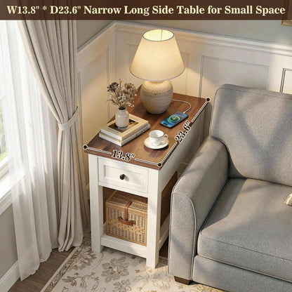 2-Pack Farmhouse End Tables with Charging Station - Skinny Nightstand Set With Drawer & Shelf for Small Spaces