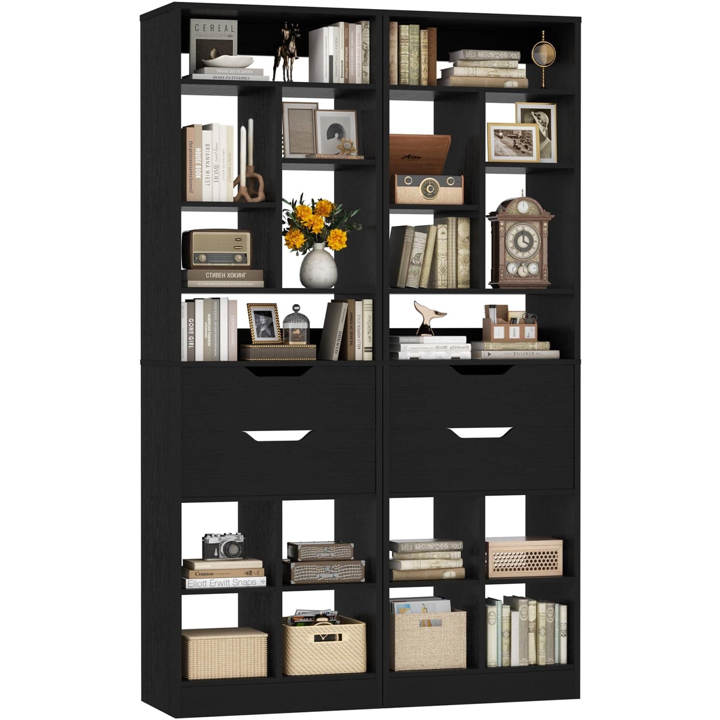 Set of 2 9-Tier Tall Narrow Bookshelves with 4 Drawers, 80" Freestanding Wood Storage Bookcase, Space-Saving Display Shelving for Small Spaces, Living Room, Home Office, Bedroom