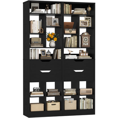 4-Pack 9-Tier Tall Bookshelves with 2 Drawers, 80" Narrow Freestanding Bookcases, Space-Saving Wood Display Storage Shelves for Living Room, Home Office, Bedroom