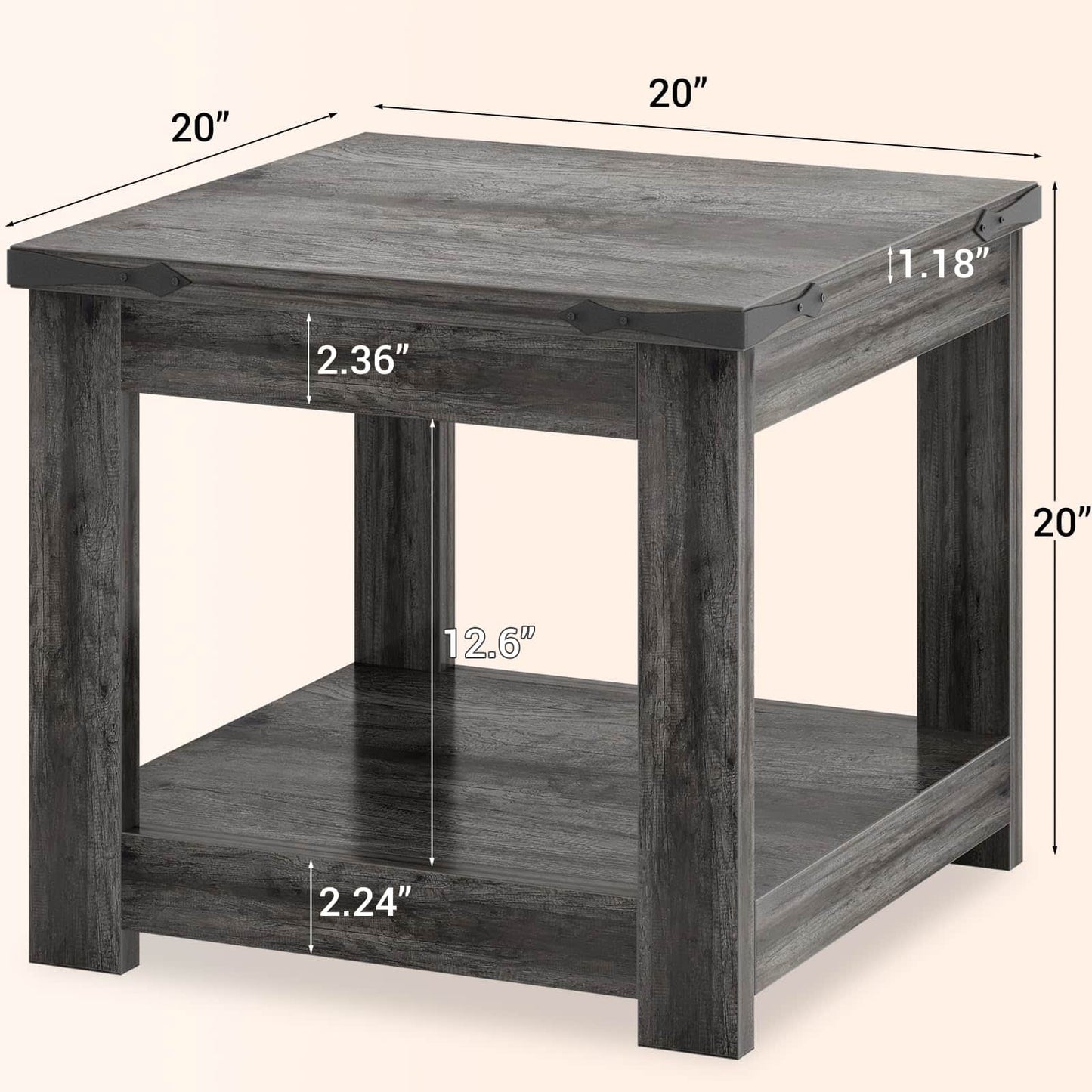 20-Inch Square Farmhouse End Table with Storage Shelf - Industrial Style for Bedroom & Living Room