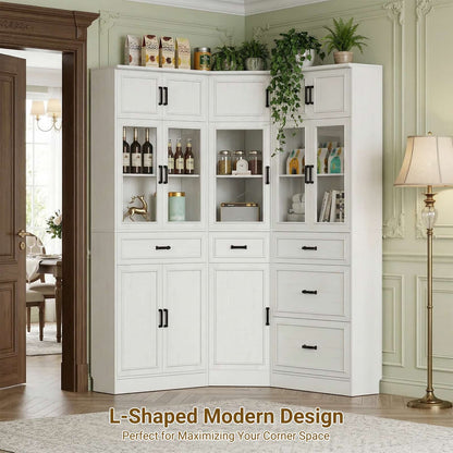 80" Farmhouse Corner Cabinet + Freestanding Pantry Set with Adjustable Shelves, Tempered Glass Doors, Versatile Storage