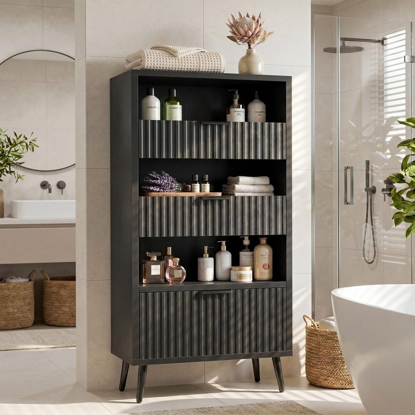 Modern Fluted Storage Cabinet, 51.2" Tall Freestanding Organizer with 3 Drawers & Open Shelf, Versatile Pantry Cabinet for Bathroom, Kitchen, Entryway - Narrow Design for Small Spaces