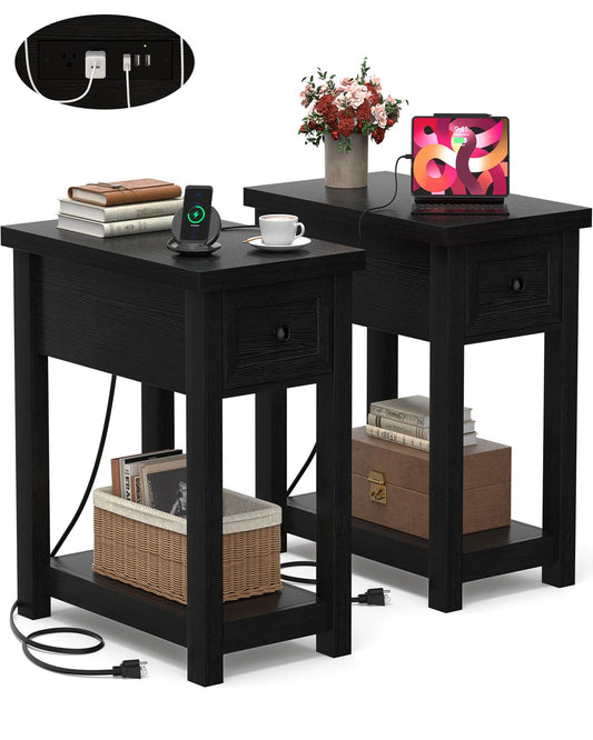 2-Pack Farmhouse End Tables with Charging Station - Skinny Nightstand Set With Drawer & Shelf for Small Spaces