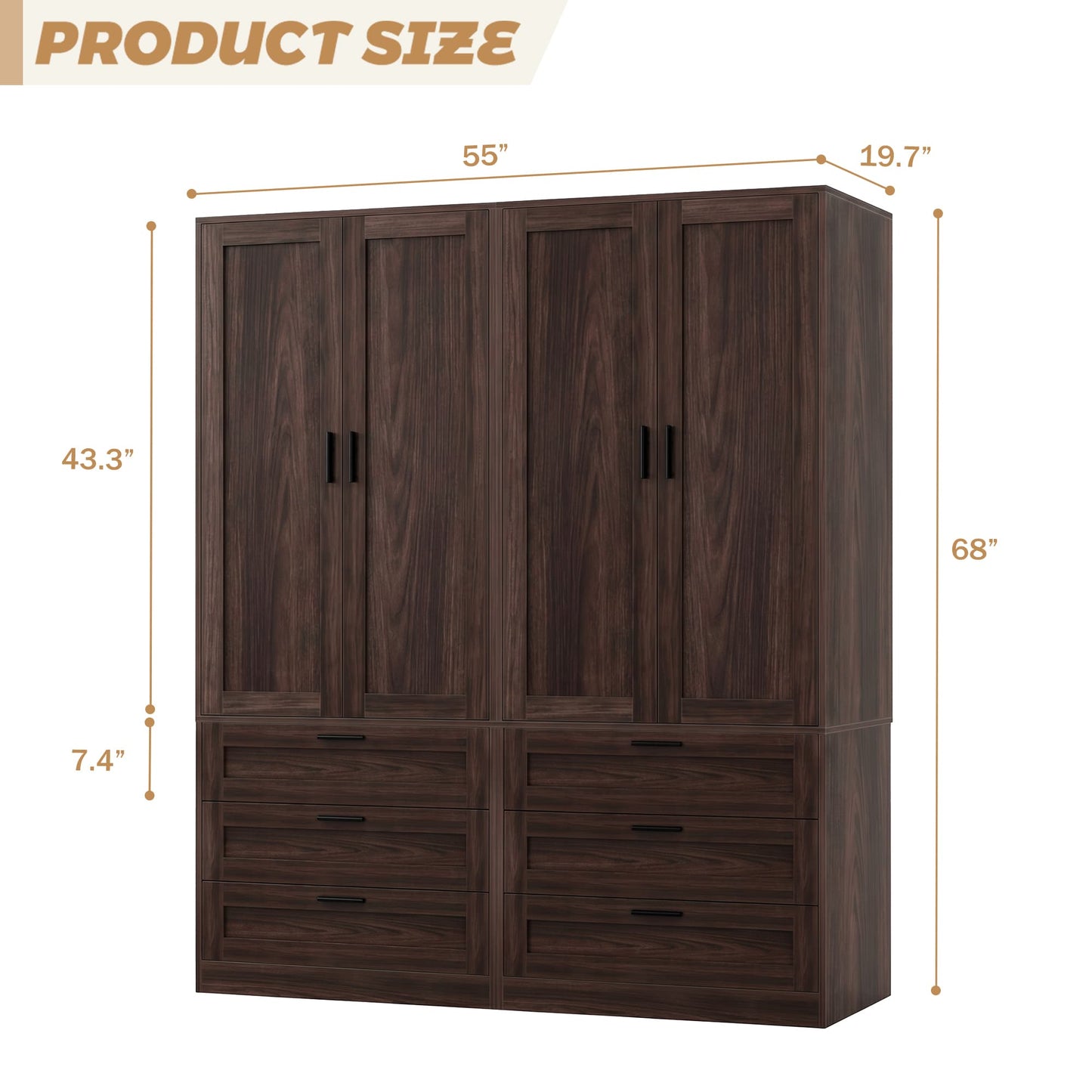 Double Armoire Wardrobe Closet Set - 71" Tall 2-in-1 Storage Cabinets with 6 Drawers, 2 Hanging Rods, 20" Extra Depth, Soft-Close Hinges & Metal Handles