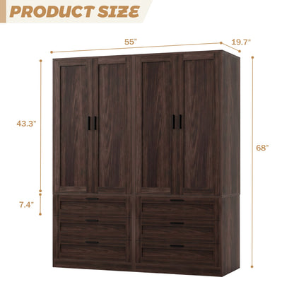 Double Armoire Wardrobe Closet Set - 71" Tall 2-in-1 Storage Cabinets with 6 Drawers, 2 Hanging Rods, 20" Extra Depth, Soft-Close Hinges & Metal Handles