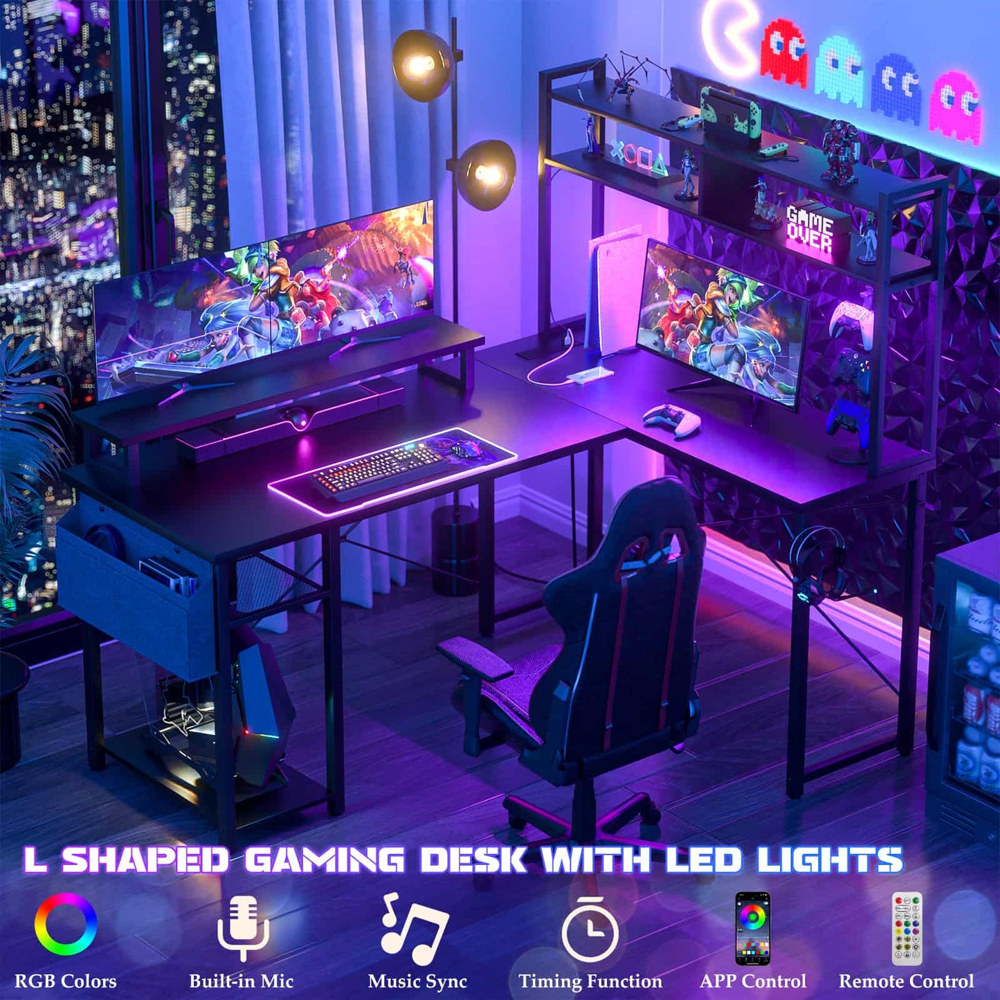 L Shaped Computer Desk with Power Outlets & LED Lights