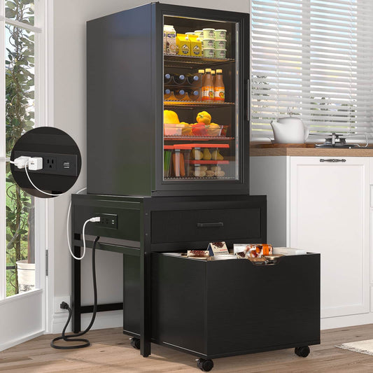 Mini Fridge Stand with Drawer Storage & Sockets, Heavy Duty Mini Refrigerator table with Rolling Cabinet