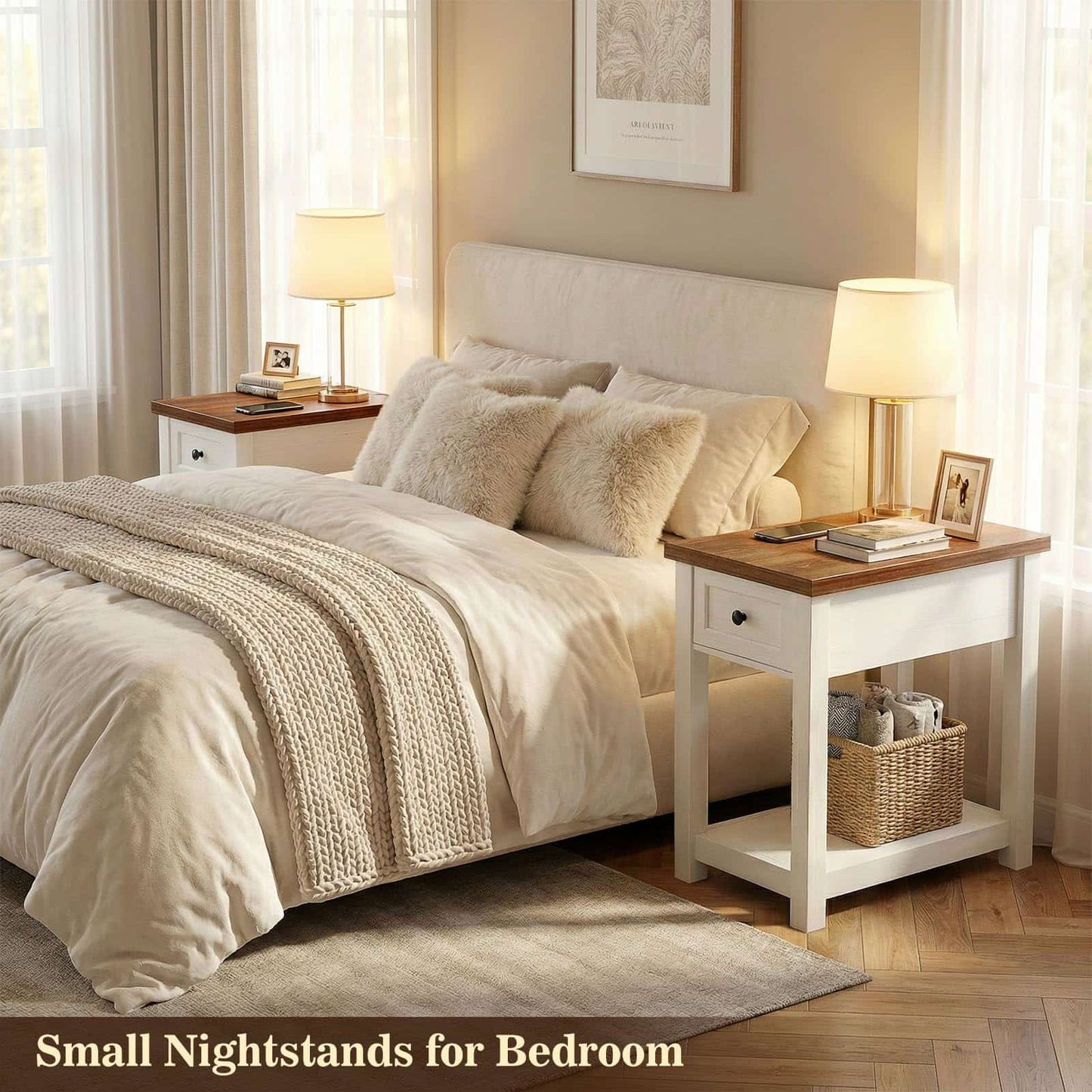 2-Pack Farmhouse End Tables with Charging Station - Skinny Nightstand Set With Drawer & Shelf for Small Spaces