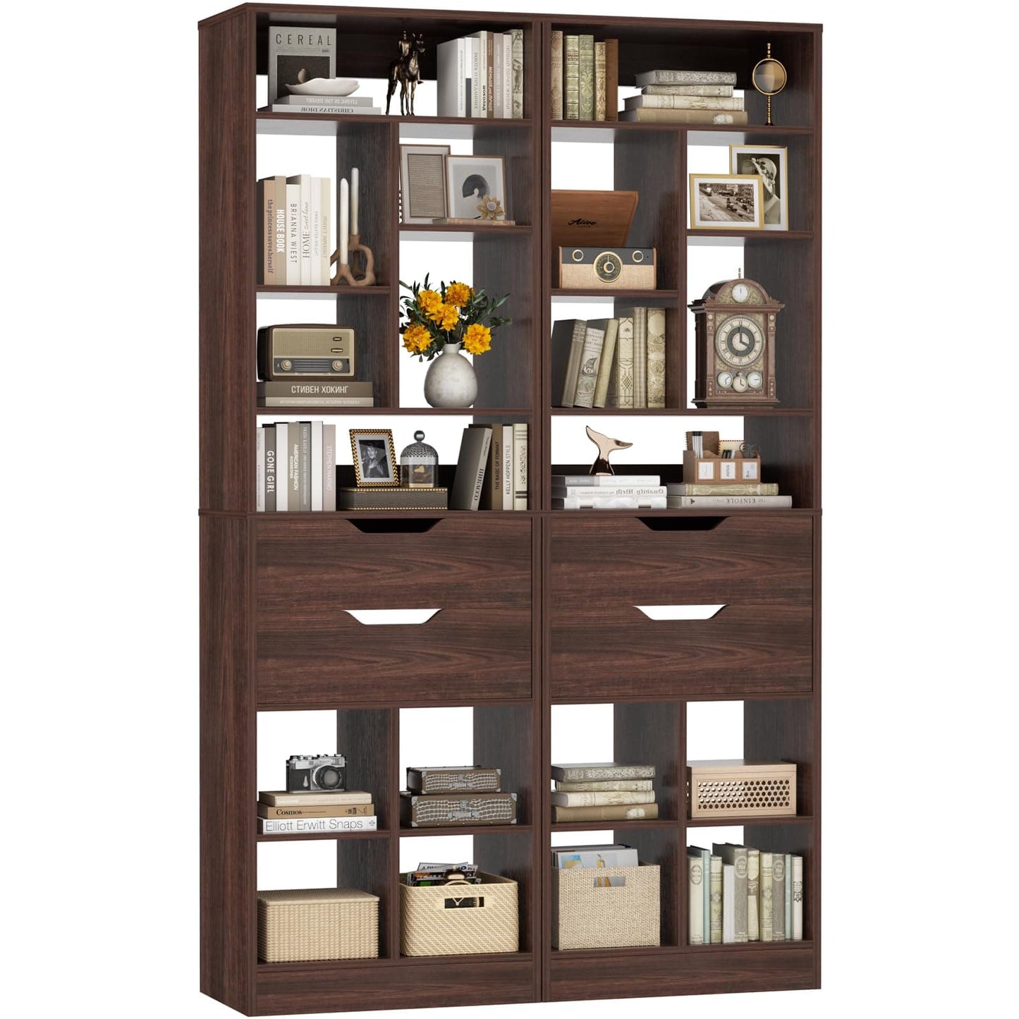 Set of 2 9-Tier Tall Narrow Bookshelves with 4 Drawers, 80" Freestanding Wood Storage Bookcase, Space-Saving Display Shelving for Small Spaces, Living Room, Home Office, Bedroom