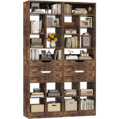 4-Pack 9-Tier Tall Bookshelves with 2 Drawers, 80" Narrow Freestanding Bookcases, Space-Saving Wood Display Storage Shelves for Living Room, Home Office, Bedroom