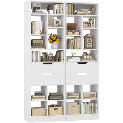 4-Pack 9-Tier Tall Bookshelves with 2 Drawers, 80" Narrow Freestanding Bookcases, Space-Saving Wood Display Storage Shelves for Living Room, Home Office, Bedroom