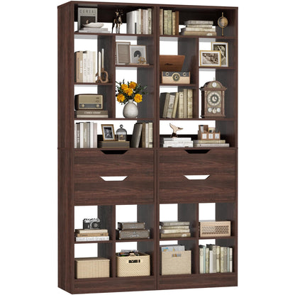 4-Pack 9-Tier Tall Bookshelves with 2 Drawers, 80" Narrow Freestanding Bookcases, Space-Saving Wood Display Storage Shelves for Living Room, Home Office, Bedroom