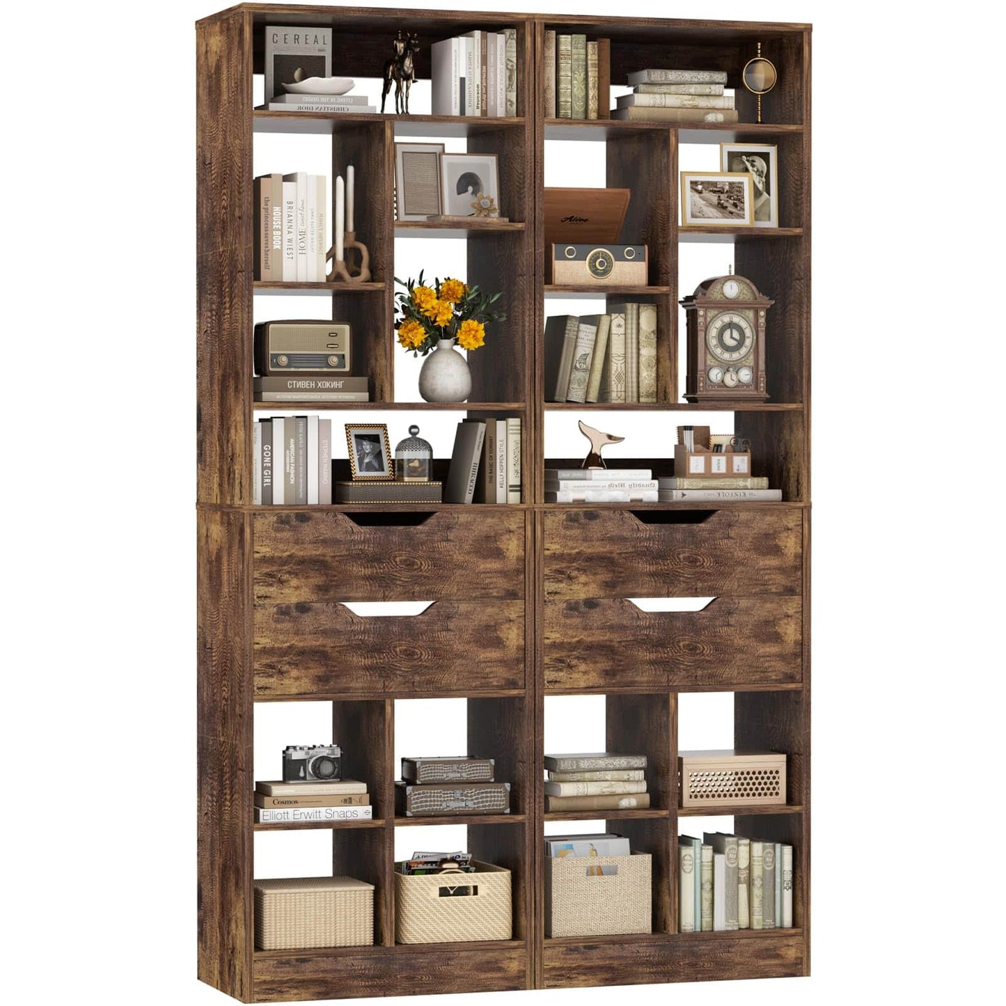 Set of 2 9-Tier Tall Narrow Bookshelves with 4 Drawers, 80" Freestanding Wood Storage Bookcase, Space-Saving Display Shelving for Small Spaces, Living Room, Home Office, Bedroom