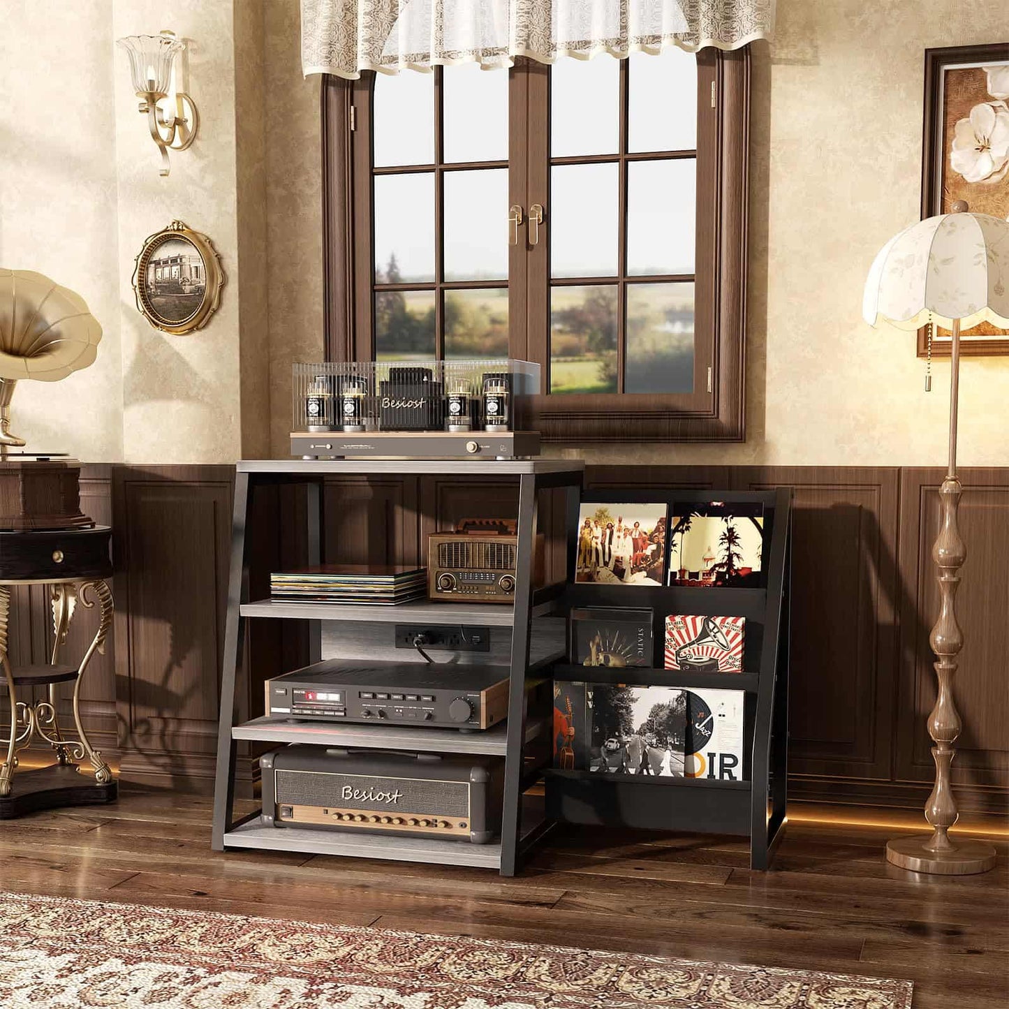 4-Tier Media Stand with Vinyl Storage, Power Outlets & LED Lights