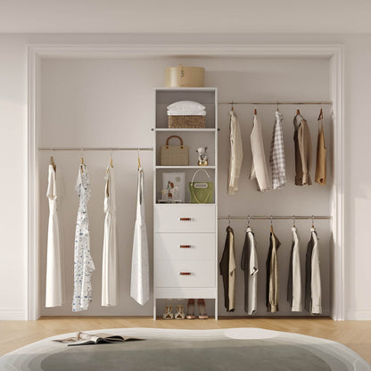 Adjustable 5-8FT Wall-Mounted Closet Organizer System with 3 Hanging Rods & 3 Wood Drawers