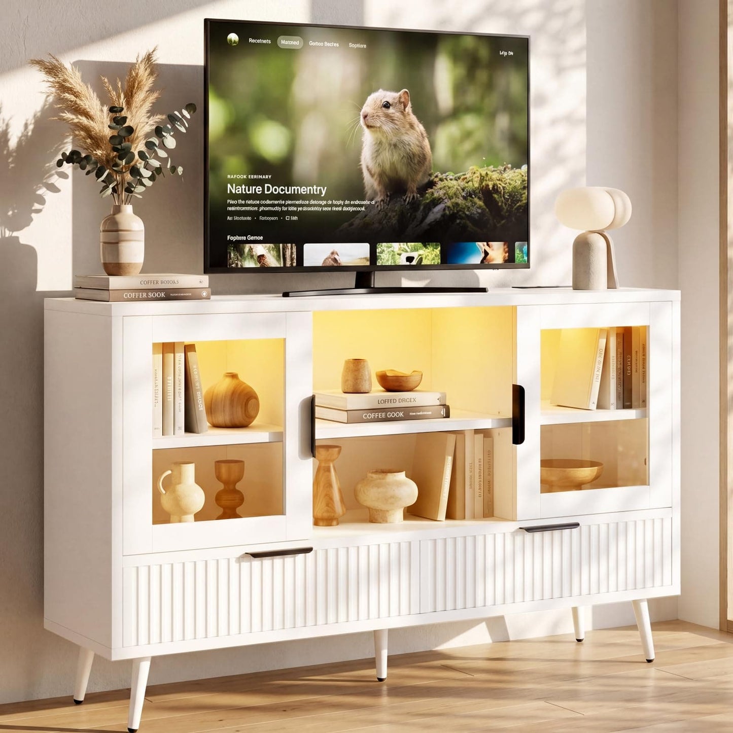 RGB LED TV Stand with Power Outlet, 45" Entertainment Center with 8 Storage Drawers & Cabinets, Vanity Storage Cabinet ,Media Console Fits 30"-55" TVs for Living Room Bedroom