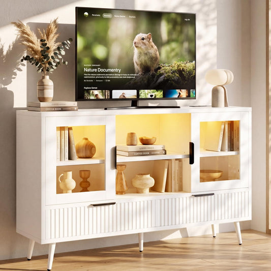 RGB LED TV Stand with Power Outlet, 45" Entertainment Center with 8 Storage Drawers & Cabinets, Vanity Storage Cabinet ,Media Console Fits 30"-55" TVs for Living Room Bedroom