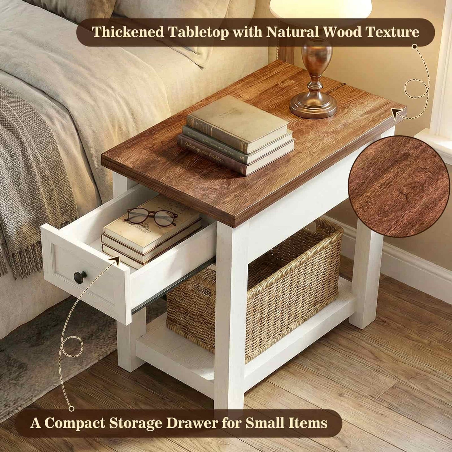 2-Pack Farmhouse End Tables with Charging Station - Skinny Nightstand Set With Drawer & Shelf for Small Spaces
