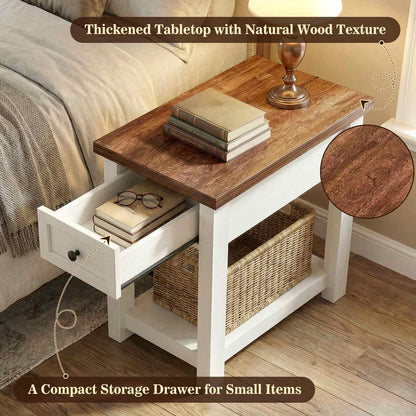 2-Pack Farmhouse End Tables with Charging Station - Skinny Nightstand Set With Drawer & Shelf for Small Spaces