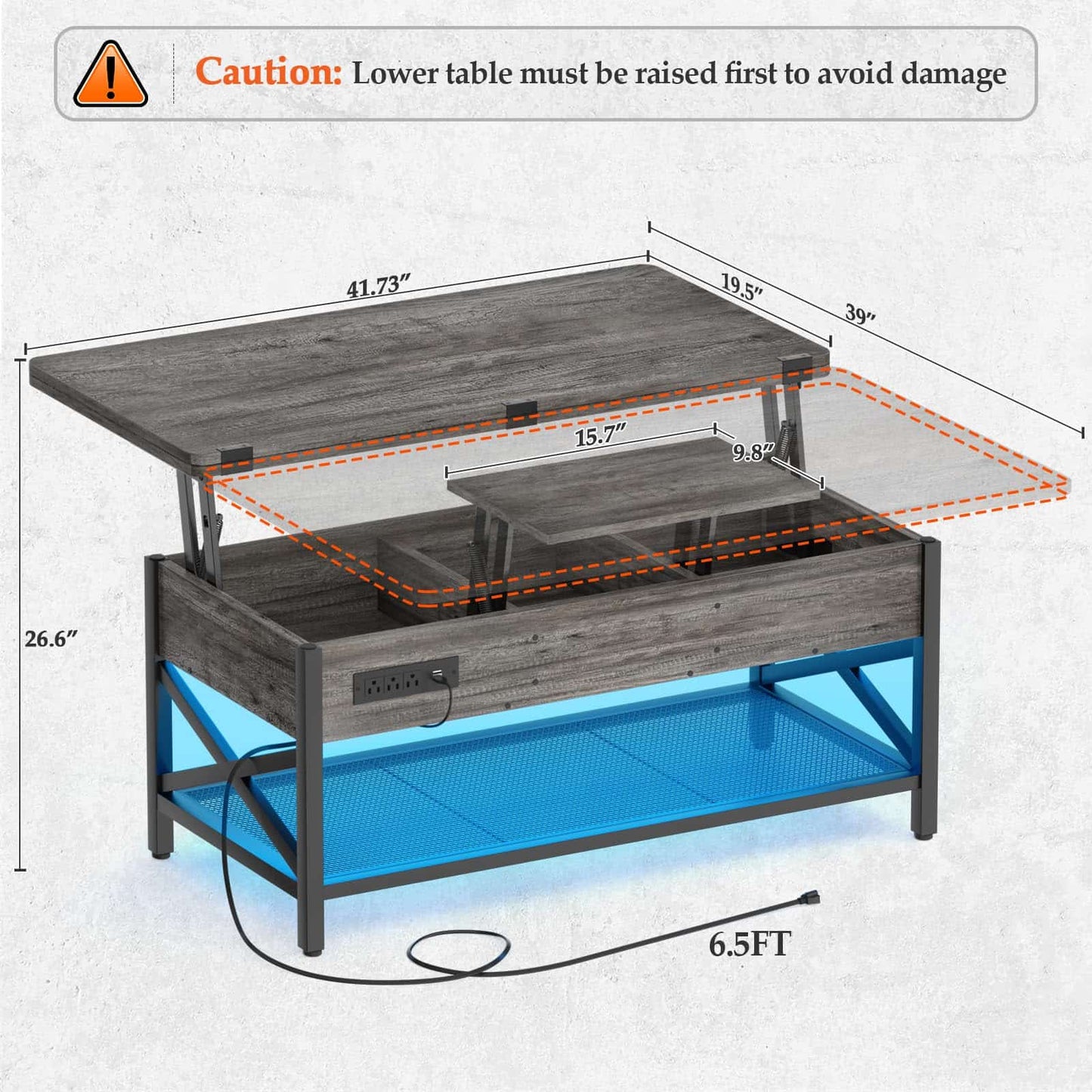 Coffee Table Lift Top with LED Light and Power Outlet, Multi-Function Coffee Table Converts to Dining Table