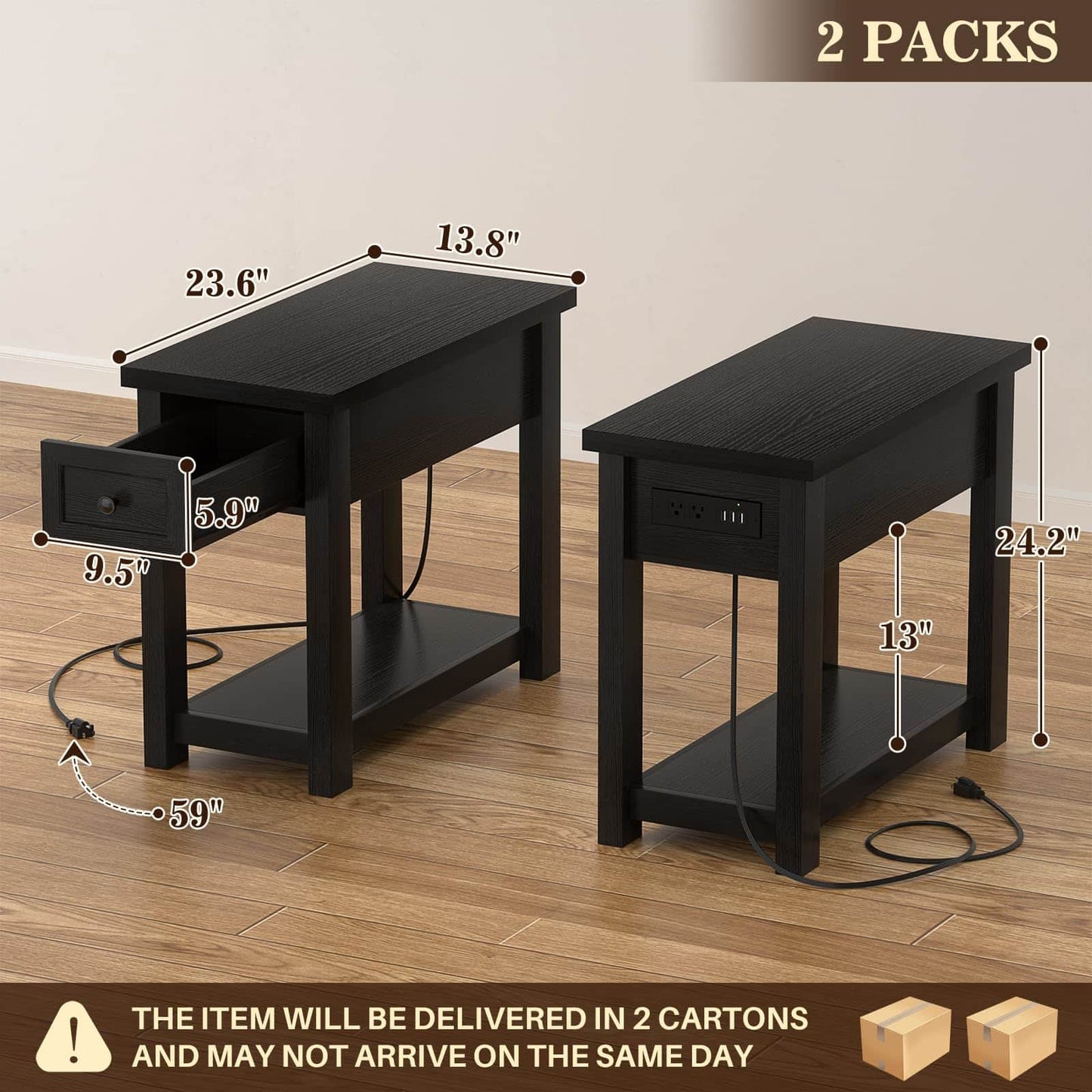 2-Pack Farmhouse End Tables with Charging Station - Skinny Nightstand Set With Drawer & Shelf for Small Spaces